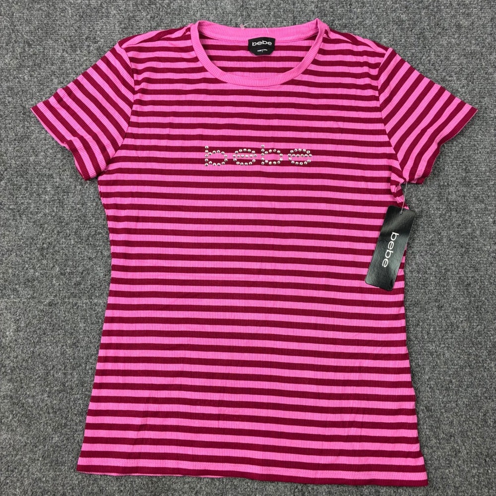 Bebe Pink Maroon Striped Rhinestone Ribbed T-Shirt Womens Size Large Shirt NEW